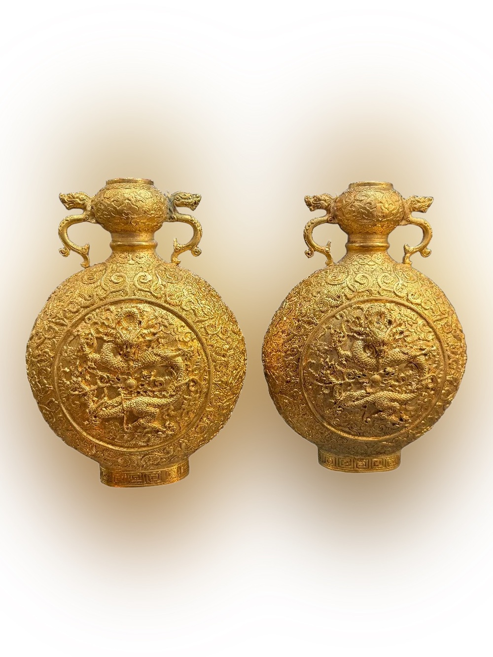 Pair of Ornate Gold Dragon Embossed Decorative Vases -